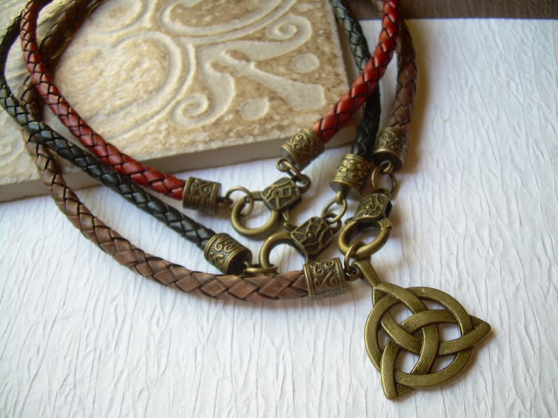 Braided Leather Necklace: Triquetra Pendant Celtic Bronze Choker image 1