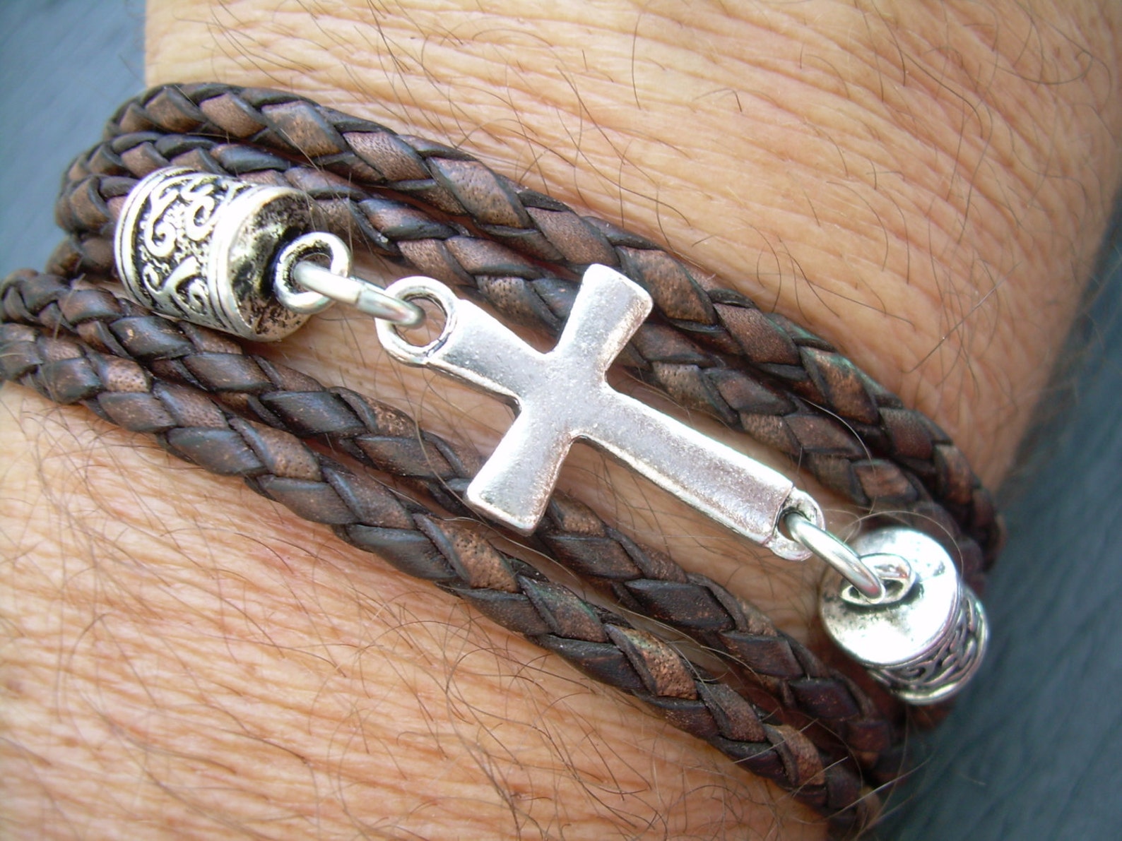Jennoria Men's Brown Braided Leather Cross Bracelet - Multi-Layer Religious Bracelet Gift, Adjustable 8.46 Inch - View #11