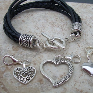 Heart Charm Bracelet, Black Leather Bracelet, Toggle Clasp Charm  Bracelet, Set of Three Heart Charms