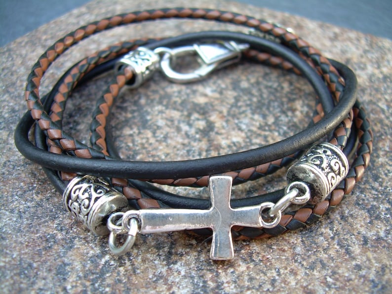 Mens Leather Bracelets Mens Leather Cross Bracelet Womens Leather Bracelets Black and Brown Braided Cross Bracelet
