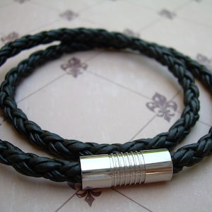 Mens Leather Bracelets, Double Wrap Black Braided Leather Bracelet, Stainless Steel Magnetic Clasp Leather Bracelet