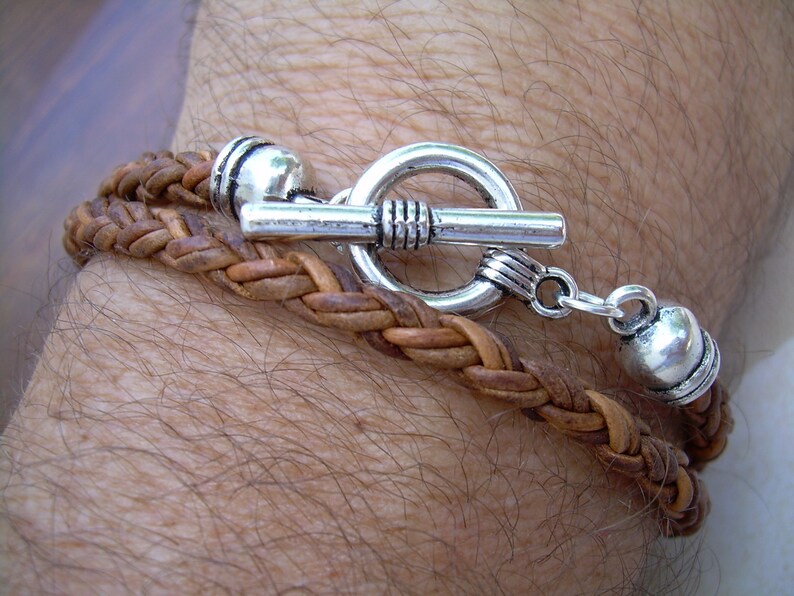 Braided Leather Bracelet Double Wrap Toggle Clasp Natural Etsy