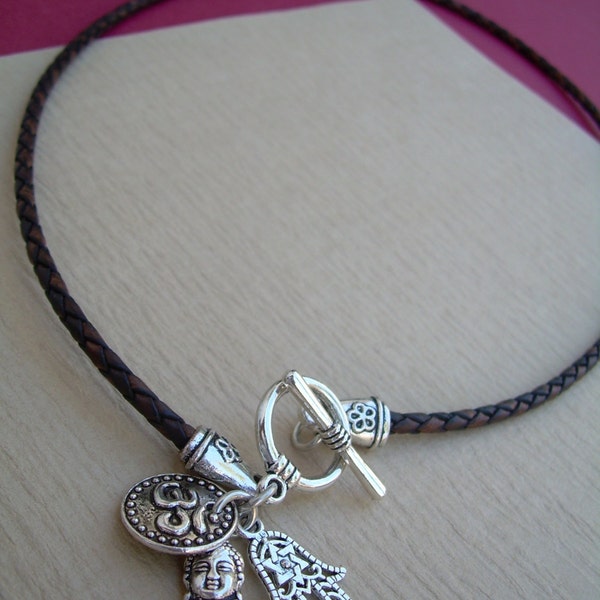 Leather Yoga Necklace with Om Hamsa and Buddha Charm Cluster, Yoga Jewelry, Charm Necklace, Spiritual Jewelry
