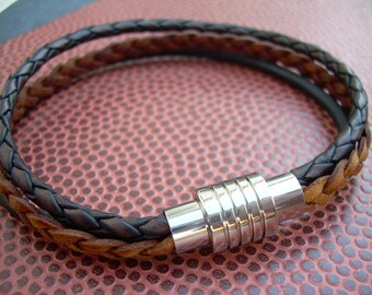 Geflochtenes braunes Lederarmband, Edelstahl Magnetverschluss, Herren Modeschmuck Manschette