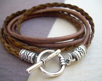 Brown Double Strand Triple Wrap leather Bracelet with Antique Silver Toggle Clasp Components, Womens Leather Bracelet, Mens Wrap Bracelet