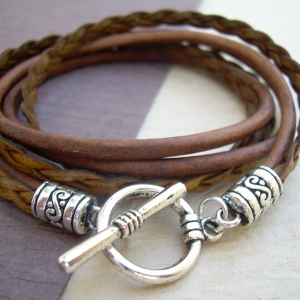 Brown Double Strand Triple Wrap leather Bracelet with Antique Silver Toggle Clasp Components, Womens Leather Bracelet, Mens Wrap Bracelet