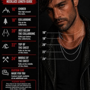 May include: A black and white infographic titled Urban Survival Gear Necklace Size Chart. It displays necklace lengths from 16 to 24 inches, illustrated on a model wearing five layered chains. The chart includes icons and text for length guides.