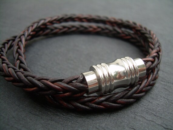 Bracelet Homme Cuir Marron Et Café – Fermoir Magnétique Acier Inoxydable 21cm