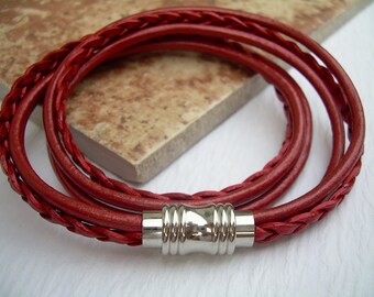Red Leather Bracelet: Braided Wrap with Stainless Steel Magnetic Clasp
