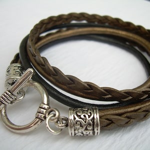 Womens Bracelets, Womens Leather Bracelets, Braided Bracelet, Leather Wrap Bracelet, Bronze and Black Leather Bracelet