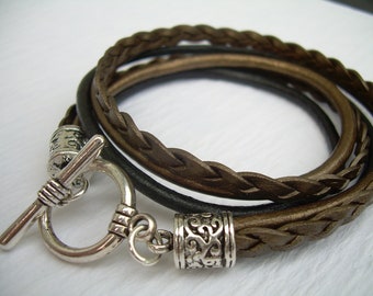 Womens Leather Bracelet, Metallic Bronze Cord, Double Wrap Bracelet, Toggle Clasp Design