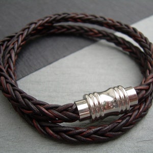 Brown Braided Double Wrap Leather Bracelet, Mens Leather Bracelet,  Magnetic Clasp Bracelet, Womens Leather Bracelet,