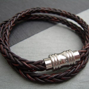Brown Braided Leather Double Wrap Bracelet: Stainless Steel Magnetic Clasp