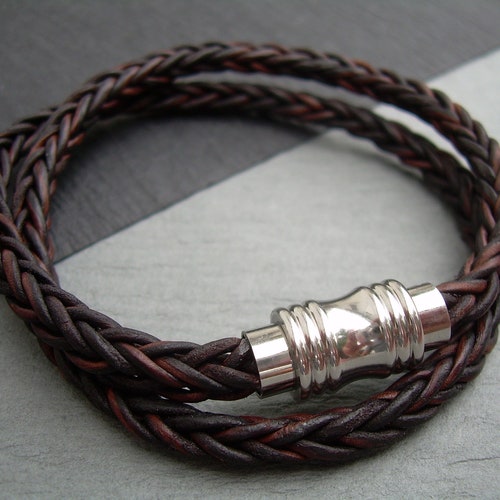 Mens Brown Braided Leather Bracelet: Stainless Steel Magnetic Clasp, Wrap Twice Design, Custom Sizing
