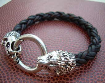 Mens Braided Leather Bracelet: Chunky Cuff with Lion Head Clasp