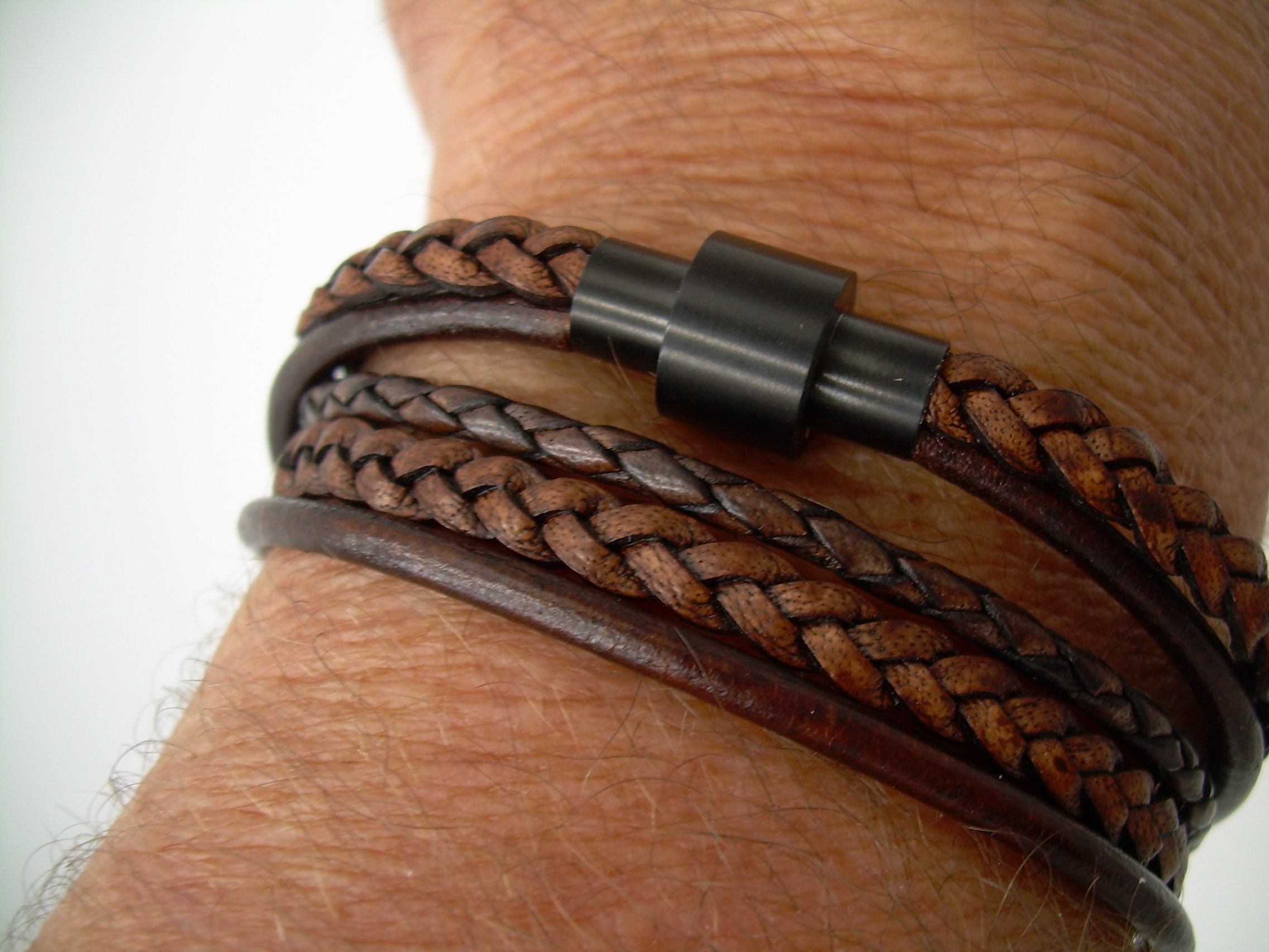 Men's Stainless Steel Clasp Double Black Braid Leather Bracelet