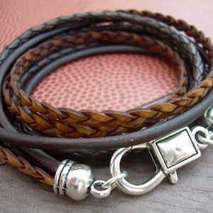 Antique Brown Leather Wrap Bracelet: Braided Leather, Silver Clasp