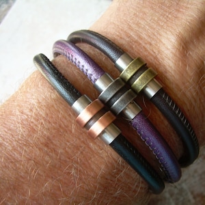 Stitched Black Nappa Leather Bracelet: Mens Magnetic Clasp