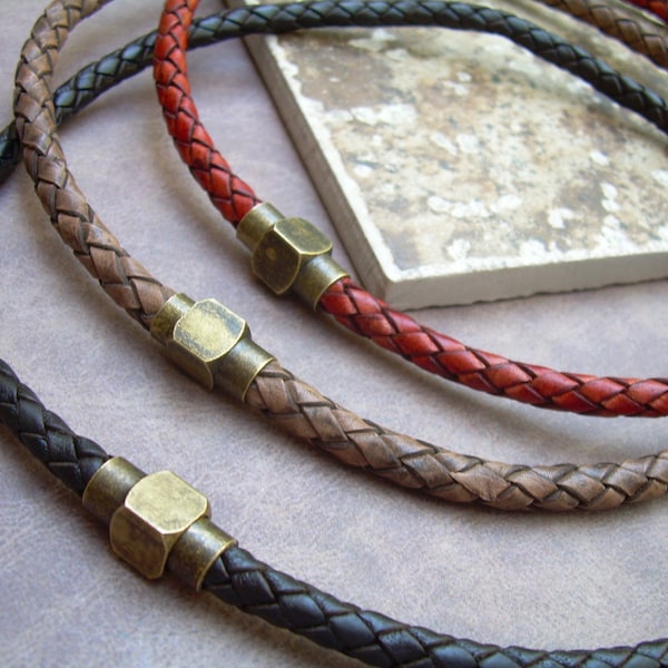 Braided Leather Necklace for Men: Antique Brass Magnetic Clasp