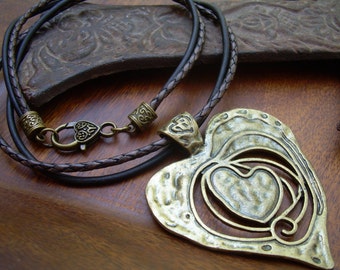 Large Bronze Heart Pendant on a Braided Leather Necklace, Heart Leather Necklace, Brown Braided Leather Necklace, Long Womens Necklace