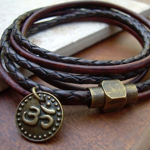 Leather Bracelet, Mens Leather Bracelet, Womens Leather Bracelet, Leather Triple Wrap Bracelet with Om Charm and Magnetic Clasp,