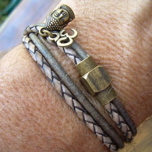 Leather Double Wrap Bracelet: Om Buddha Charm, Magnetic Brass Clasp, Braided Wristband