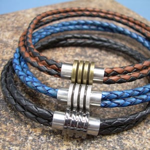 Dubbele streng lederen armband, heren lederen armband, heren armbanden leer, blauwe lederen armband, magnetische sluiting armband