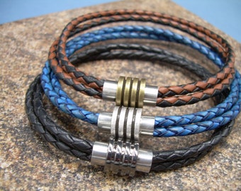 Doppelreihiges geflochtenes Lederarmband: Edelstahlmagnetverschluss