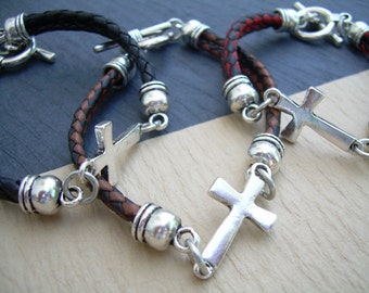 Pulsera cruzada para hombre, pulseras de cuero para hombre, pulseras para hombre de cuero, pulsera de cuero, pulsera cruzada, regalo religioso, doble hebra