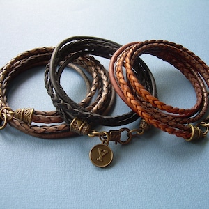 Personalized Initial Leather Bracelet: Braided Double Wrap, Bronze Charm