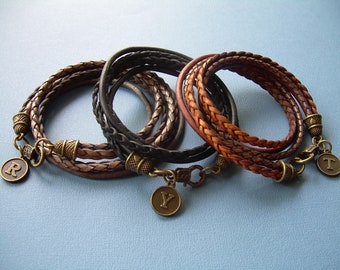 Initial Charm Bracelet, Double Wrap Leather Bracelet, Multi Strand Braided Bracelet, Brown Letter Charm Bracelet, Leather Gift for Her