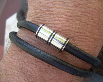 Black Leather Wrap Bracelet, Mens Leather Bracelet, Mens Double Wrap Leather Bracelet with Stainless Steel Magnetic Clasp,