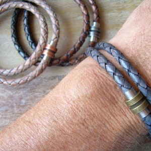 Mens Braided Leather Bracelet: Double Wrap with Magnetic Clasp