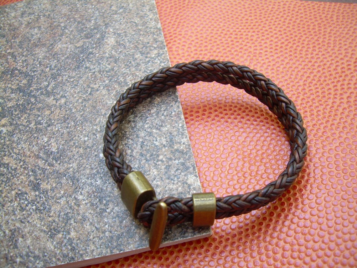 Brown Braided Leather Bracelet Mens Leather Bracelet T Clasp Etsy