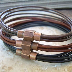 Sleek Leather Bracelet with Magnetic Clasp - Unisex Jewelry, Copper Accent, Thin Multi Strand Design