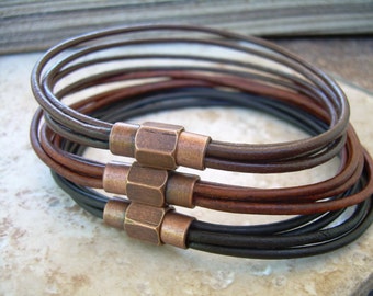 Sleek Leather Bracelet with Magnetic Clasp - Unisex Jewelry, Copper Accent, Thin Multi Strand Design