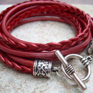 Red Leather Triple Wrap Bracelet: Handmade Toggle Clasp Jewelry