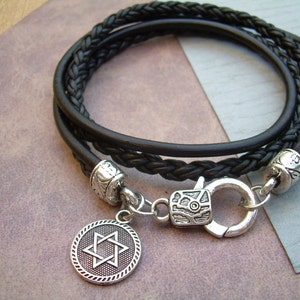 Star of David Bracelet, Leather Charm Bracelet, Judaica Gift , Religious Gift, Mens Jewish Gift, Leather Gift for Him, Lobster Clasp