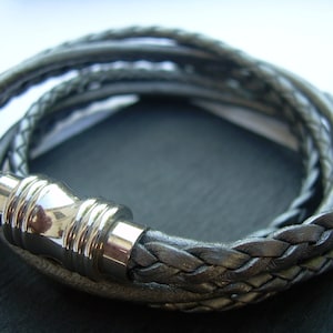 Womens Leather Bracelet, Stainless Steel Magnetic Clasp, Double Wrap, Triple Strand, Metallic Gray/Silver, Womens Bracelet, Womens Jewelry