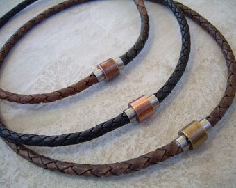 Collier homme en cuir tressé : fermoir magnétique en acier inoxydable