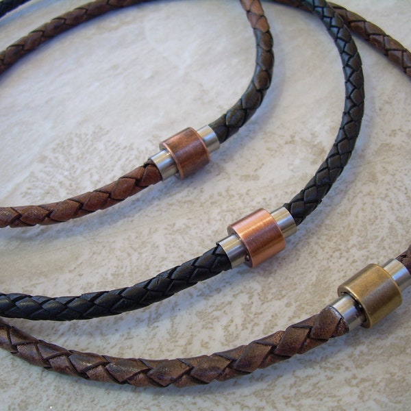 Mens Braided Leather Necklace: Stainless Steel Magnetic Clasp