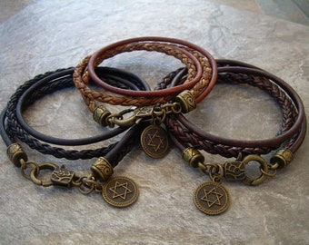 Star of David Bracelet, Star of David Leather Wrap Bracelet, Judaica Bracelet, Womens Bracelet, Mens Leather Bracelet