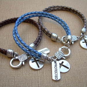 Braided Leather Cross Charm Bracelet: Religious Gift