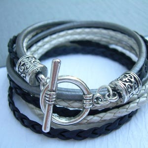 Womens Wrap Bracelet in Layered Leather, Three-Strand Design with Silver Tone Toggle Clasp