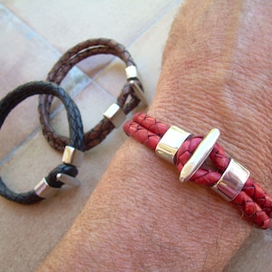 Men&#39;s Braided Leather Bracelet,  T Clasp Leather Cuff,  Red Leather Bracelet,  Men&#39;s Leather Gift,  Stainless Steel Leather Bracelet,