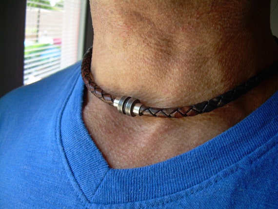 Men's 21.5 Braided Brown and Tan Leather Choker Necklace