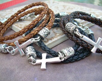 Cross Bracelet,  Leather Wrap Cross Bracelet, Christian Jewelry, Religious Gift, Mens Wrap Bracelet, Womens Faith Bracelet, Cross Gift