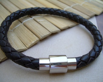 Bracelet en cuir tressé noir, Bracelets en cuir pour hommes, Bracelets en cuir pour femmes, Bracelet à fermoir magnétique, Bracelet manchette en cuir