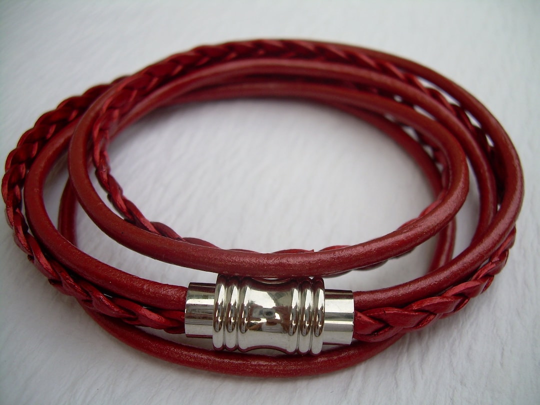Red Leather Wrap Bracelet With Stainless Steel Clasp Etsy
