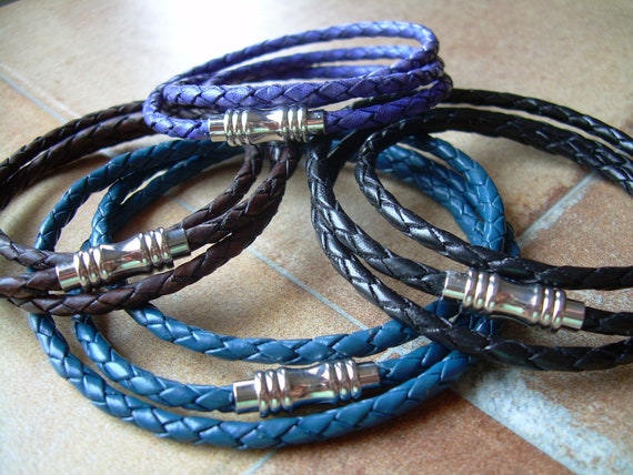 Bracelet cuir torsadé et fil acier pour homme Bleu